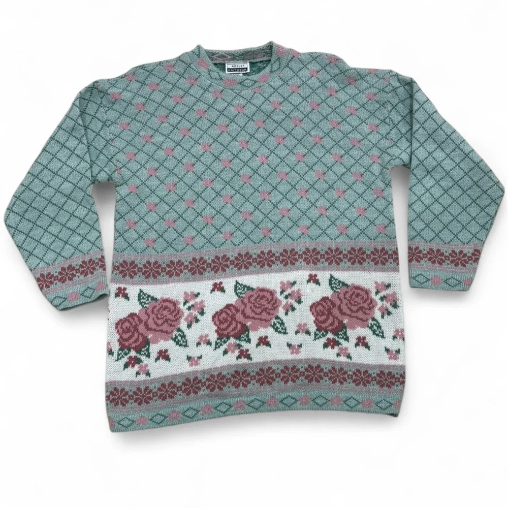 VTG Adele Knitsweater Green Floral Acrylic Granny Cottagecore USA